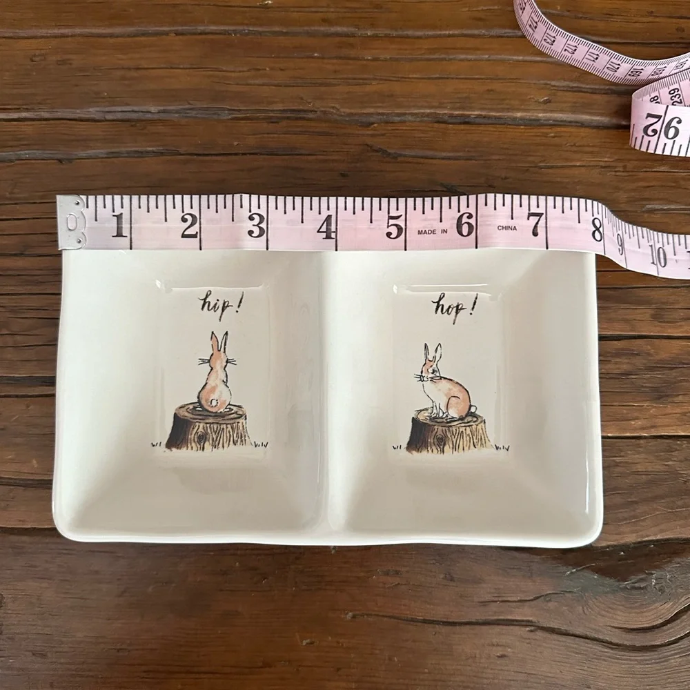 Rae Dunn Hip! Hop! Bunny Graphic 2 Section Trinket Tray